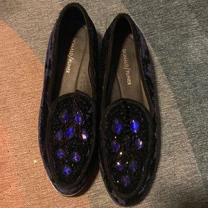 Lug sole blue velvet jeweled loafers